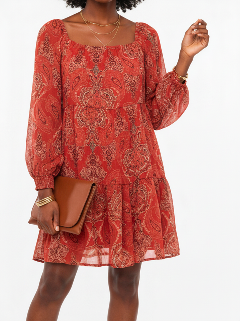 Robe Courte à Imprimé Cachemire et Manches Bouffantes - taille unique