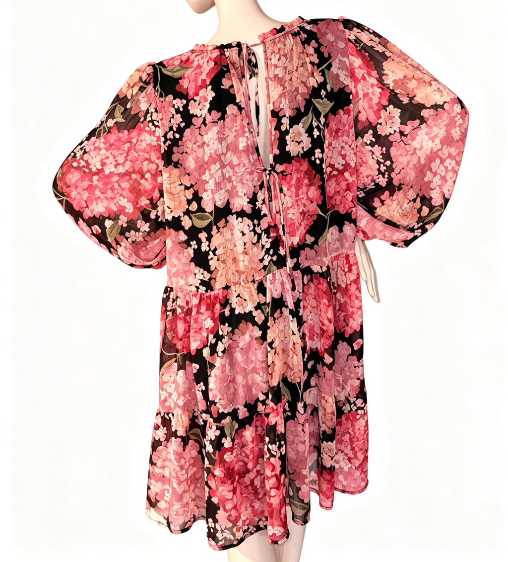 Robe évasée à imprimé floral rose et noir - Taille XL